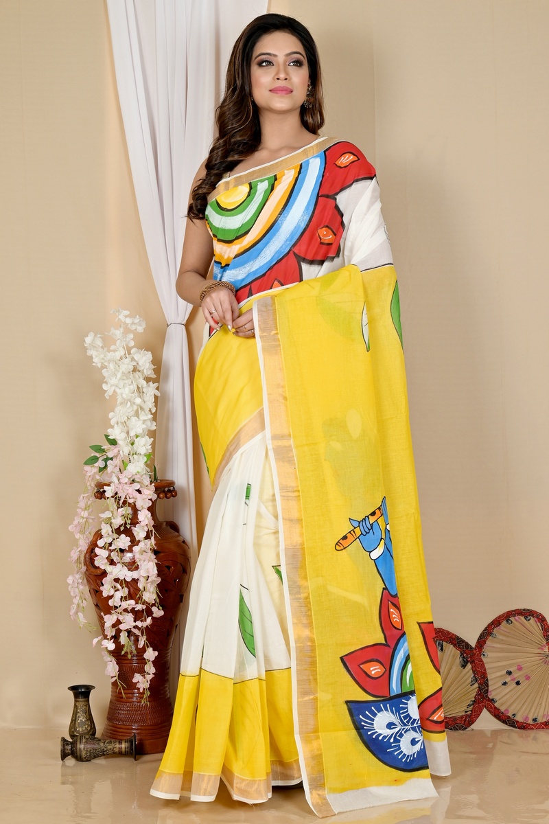 Multi-Coloured Pure Cotton Hataka Hand Painted Saree (9049)