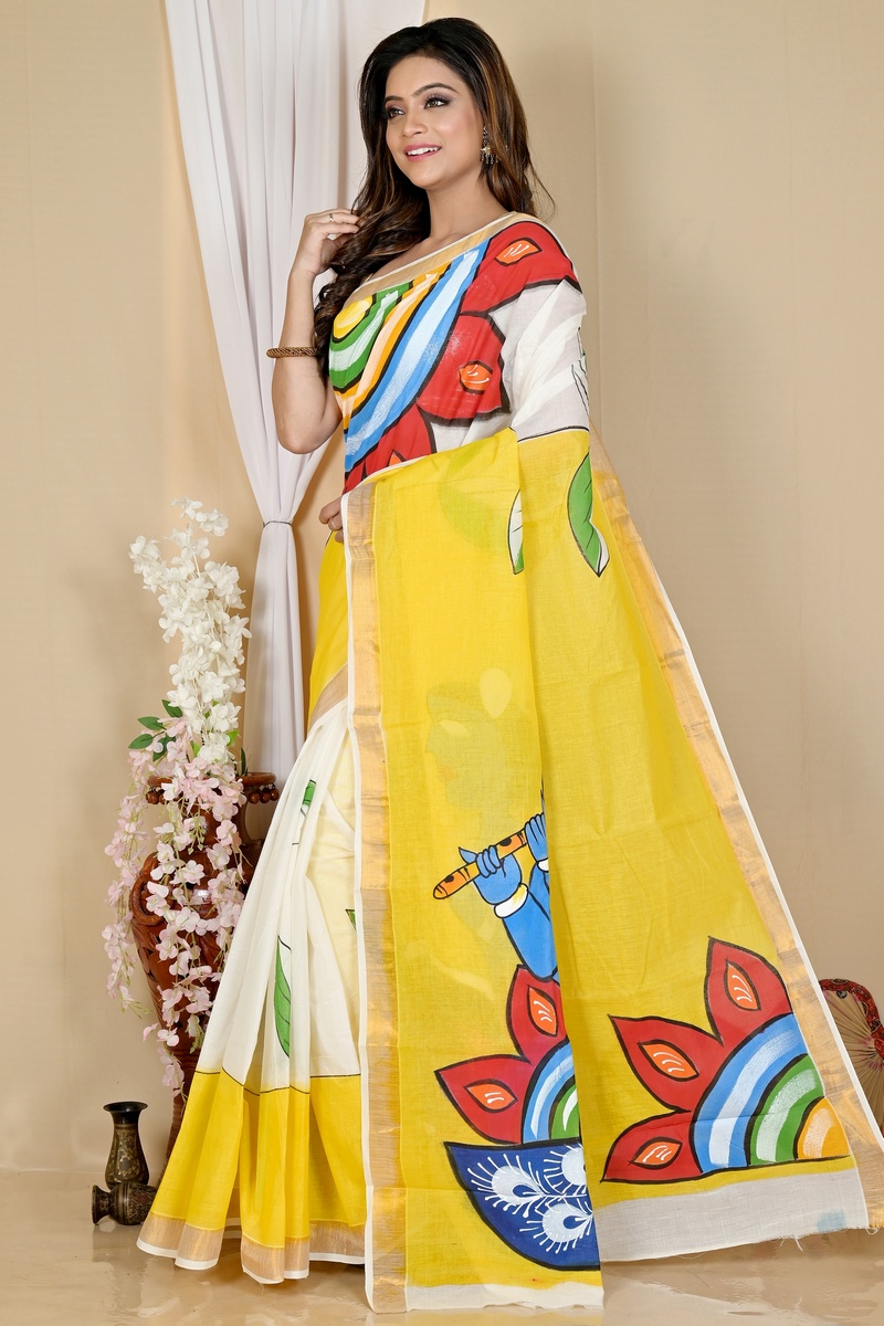 Multi-Coloured Pure Cotton Hataka Hand Painted Saree (9049)