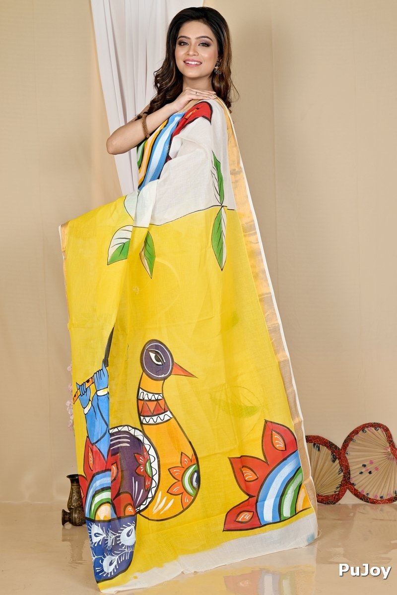 Multi-Coloured Pure Cotton Hataka Hand Painted Saree (9049)