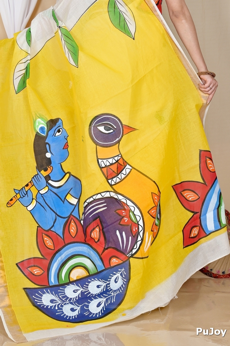 Multi-Coloured Pure Cotton Hataka Hand Painted Saree (9049)