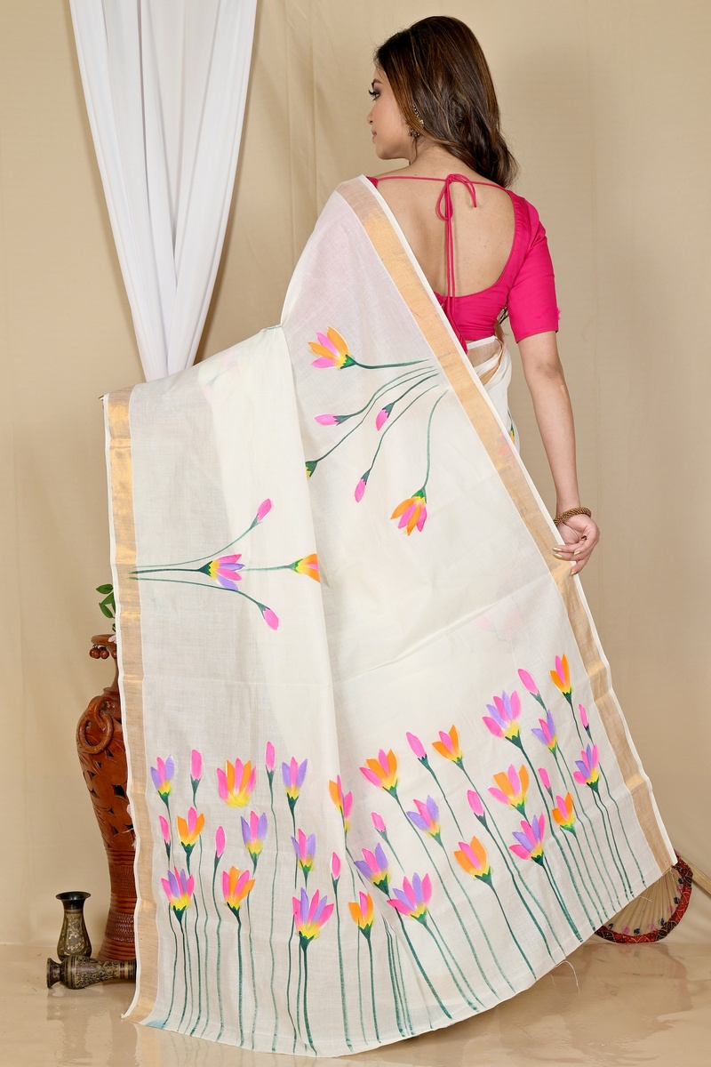 Multi-Coloured Pure Cotton Hataka Hand Painted Saree (9050)