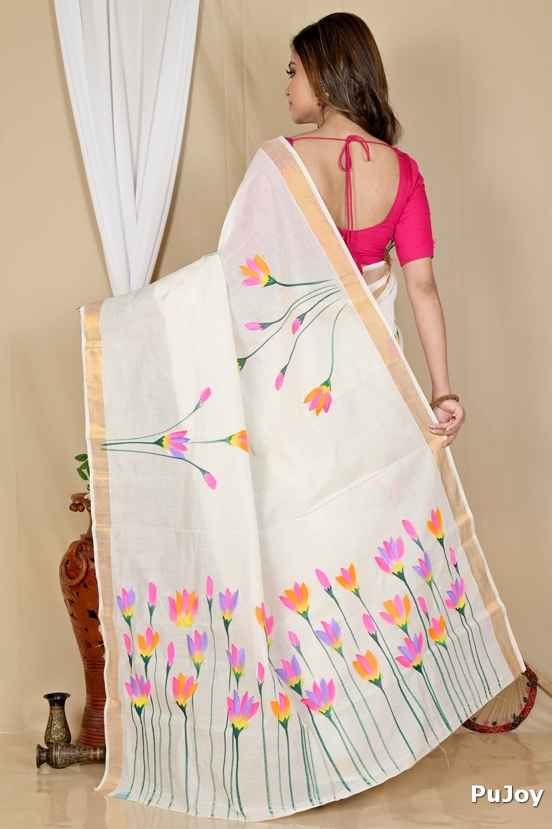 Multi-Coloured Pure Cotton Hataka Hand Painted Saree (9050)