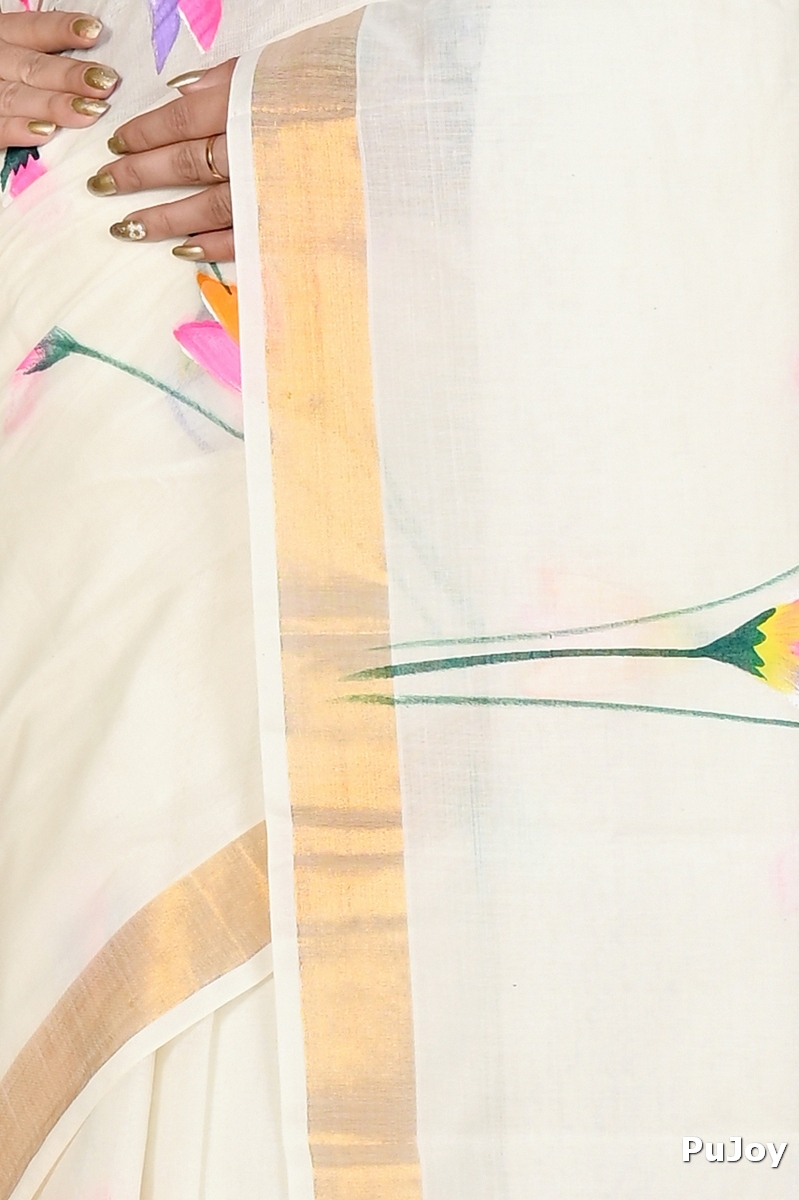 Multi-Coloured Pure Cotton Hataka Hand Painted Saree (9050)
