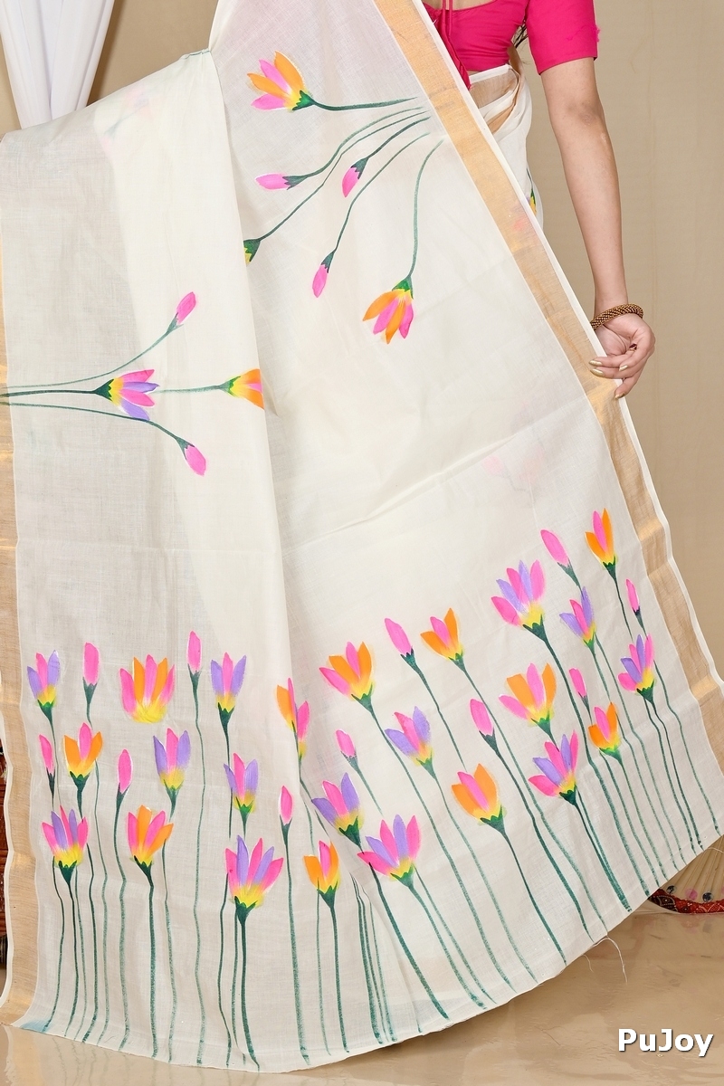 Multi-Coloured Pure Cotton Hataka Hand Painted Saree (9050)