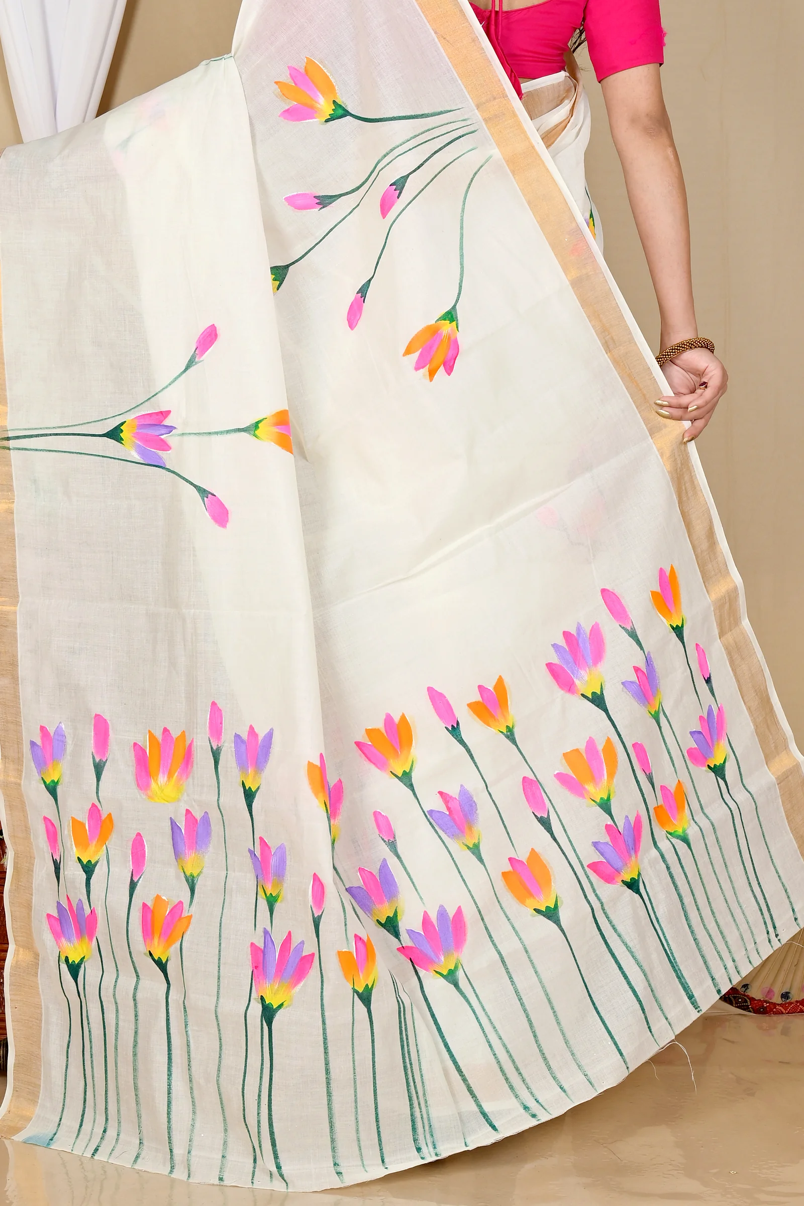 Multi-Coloured Pure Cotton Hataka Hand Painted Saree (9050)