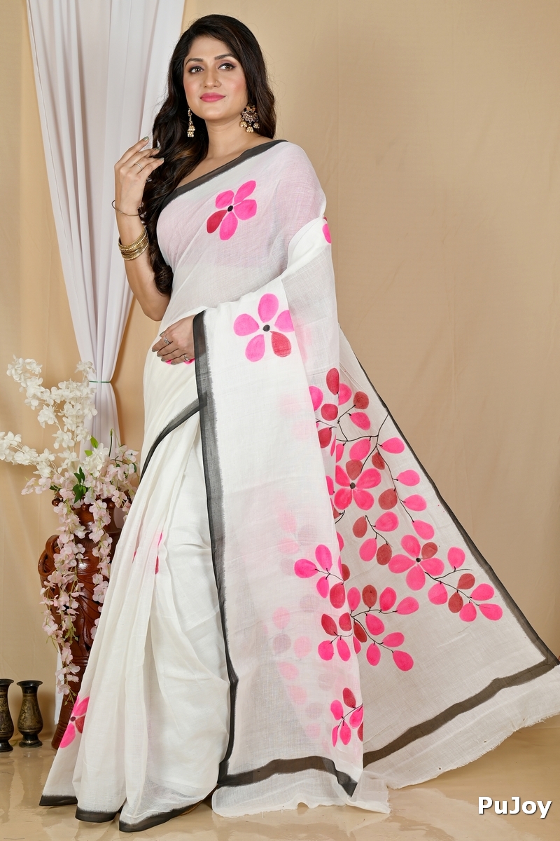 Multi-Coloured Pure Cotton Hataka Hand Painted Saree (9051)