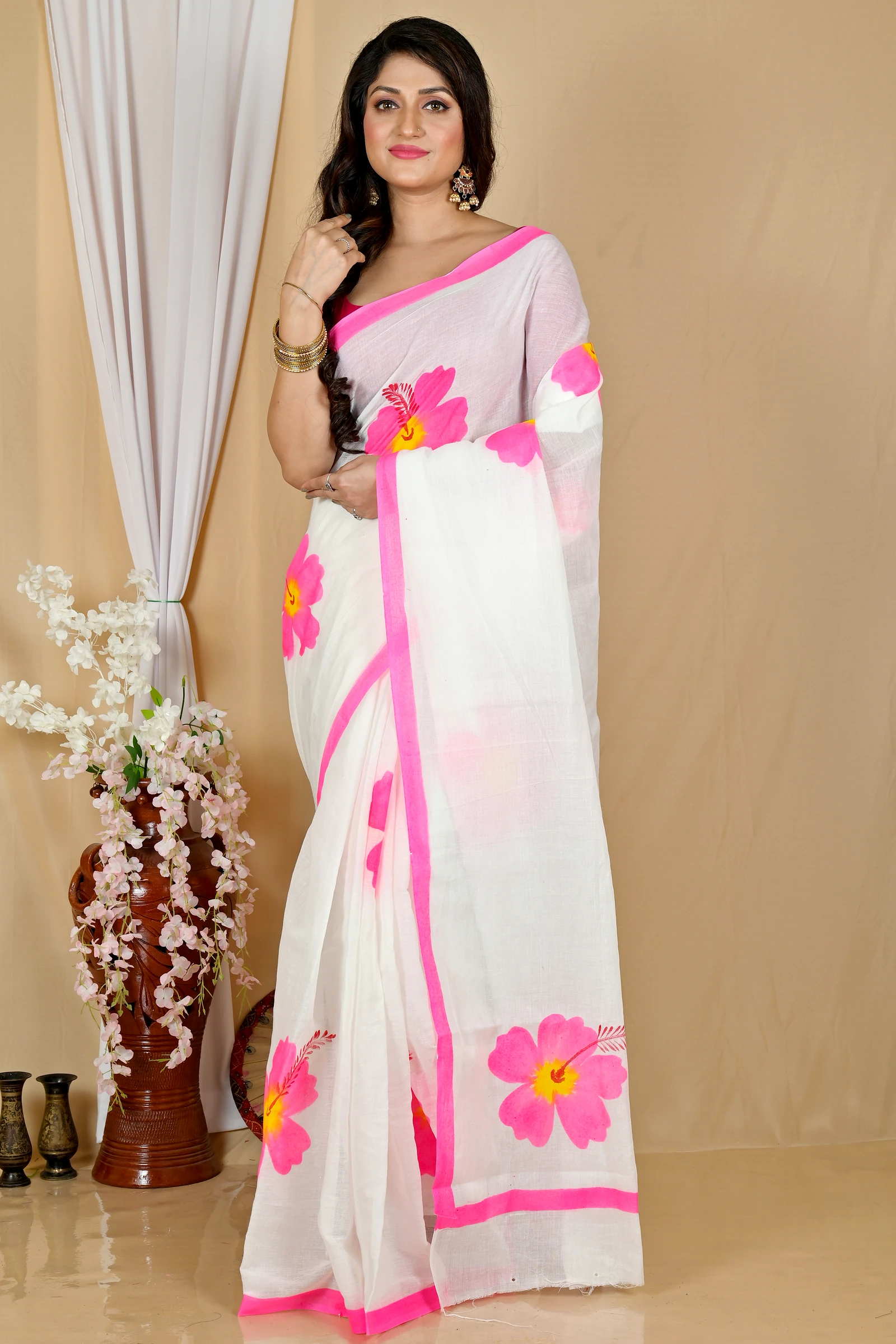 Multi-Coloured Pure Cotton Hataka Hand Painted Saree (9052)