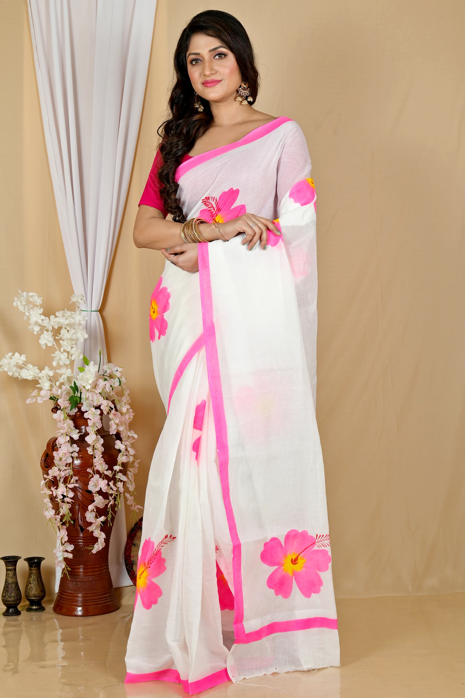 Multi-Coloured Pure Cotton Hataka Hand Painted Saree (9052)