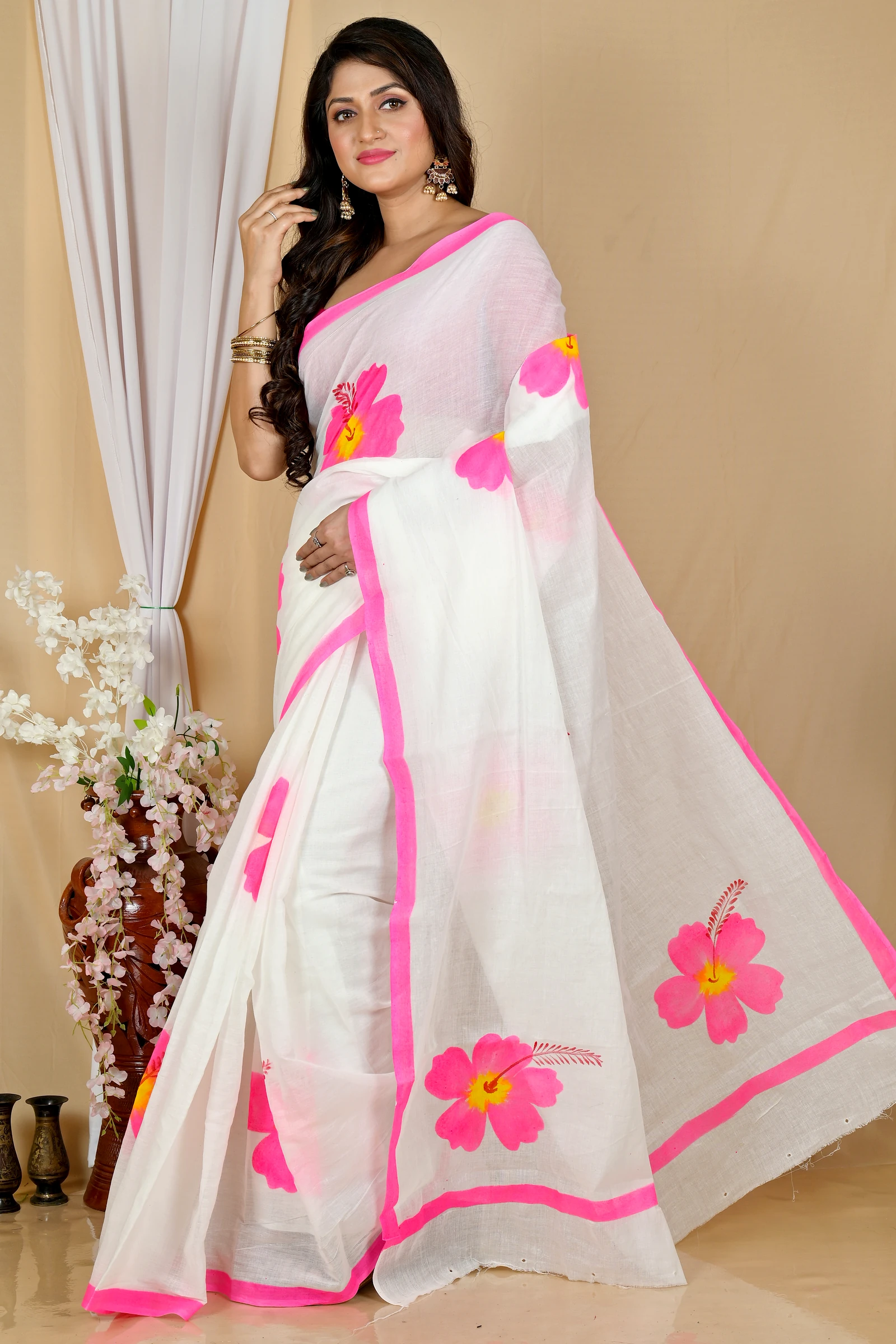 Multi-Coloured Pure Cotton Hataka Hand Painted Saree (9052)