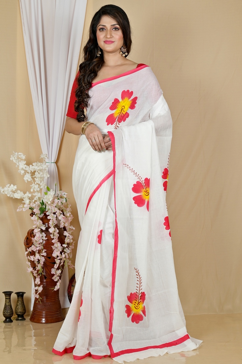 Multi-Coloured Pure Cotton Hataka Hand Painted Saree (9053)
