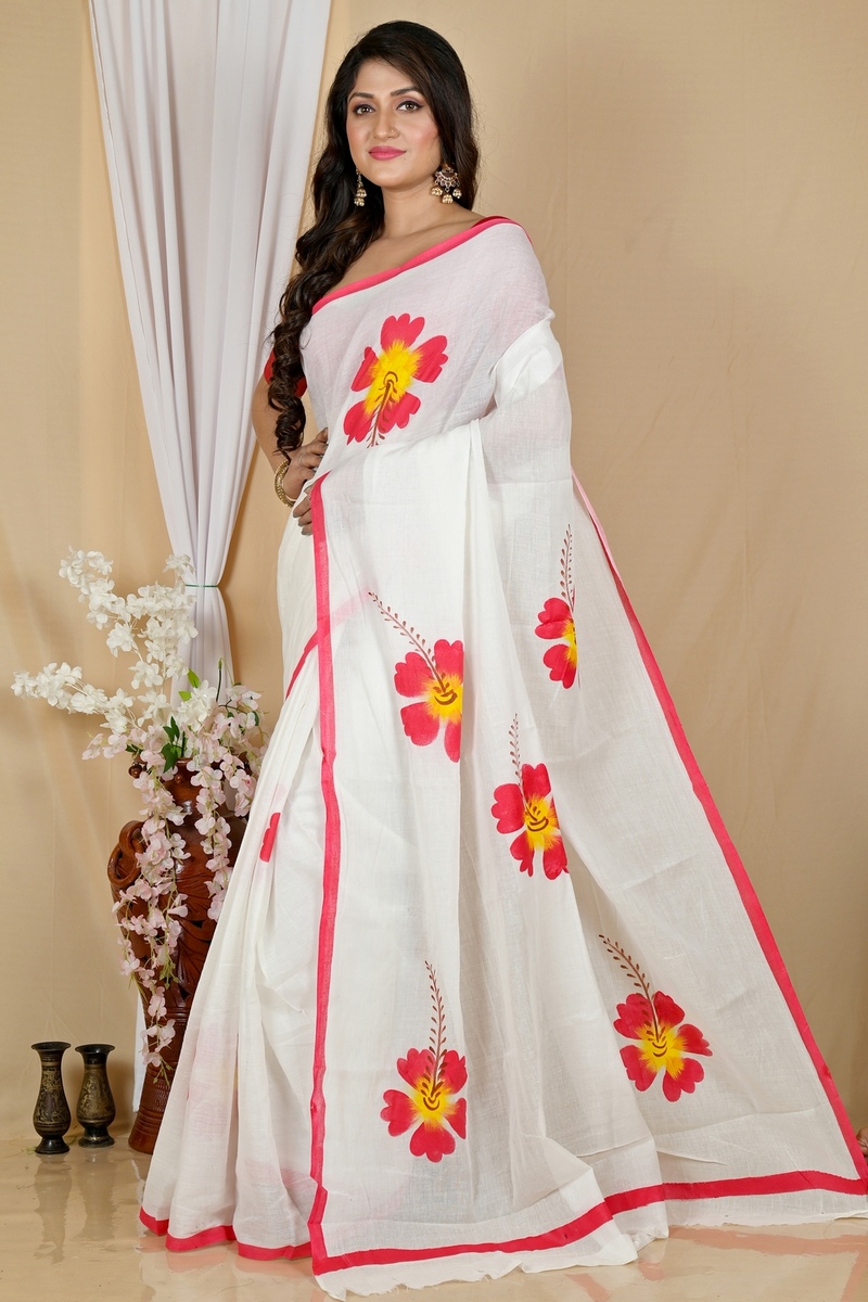 Multi-Coloured Pure Cotton Hataka Hand Painted Saree (9053)