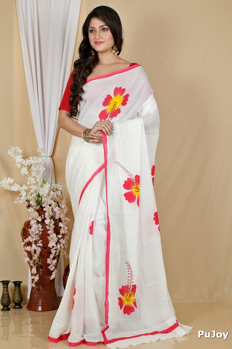 Multi-Coloured Pure Cotton Hataka Hand Painted Saree (9053)