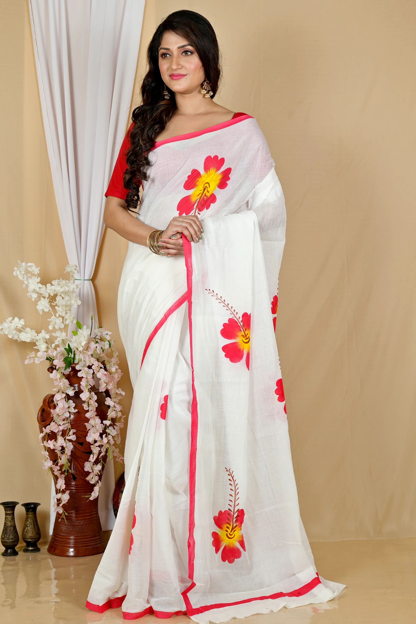 Multi-Coloured Pure Cotton Hataka Hand Painted Saree (9053)