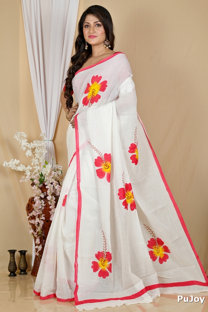 Multi-Coloured Pure Cotton Hataka Hand Painted Saree (9053)