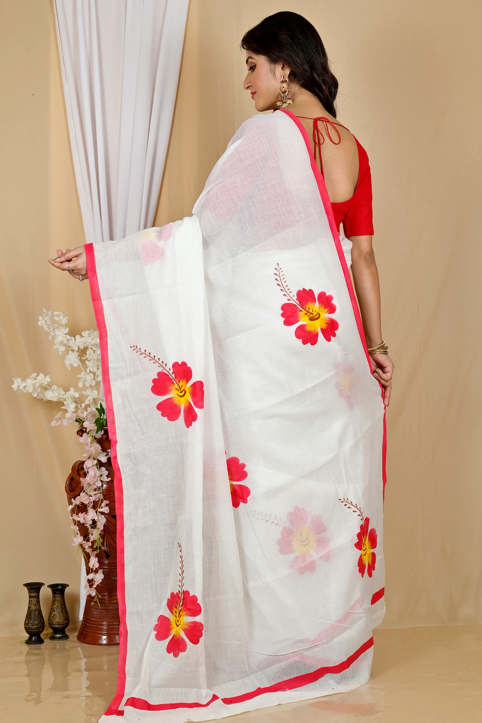 Multi-Coloured Pure Cotton Hataka Hand Painted Saree (9053)