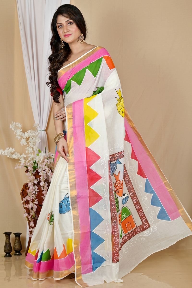 Multi-Coloured Pure Cotton Hataka Hand Painted Saree (9054)