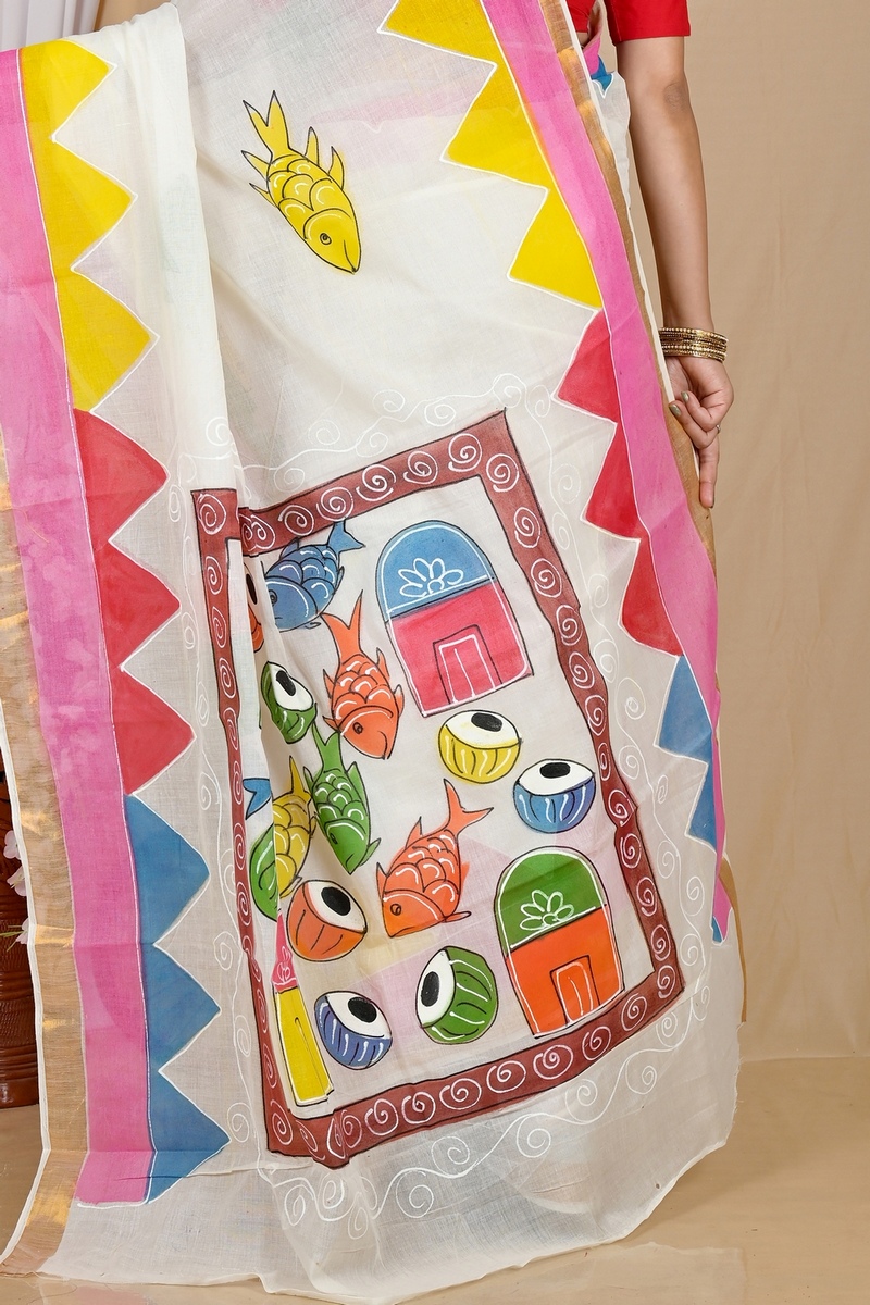 Multi-Coloured Pure Cotton Hataka Hand Painted Saree (9054)