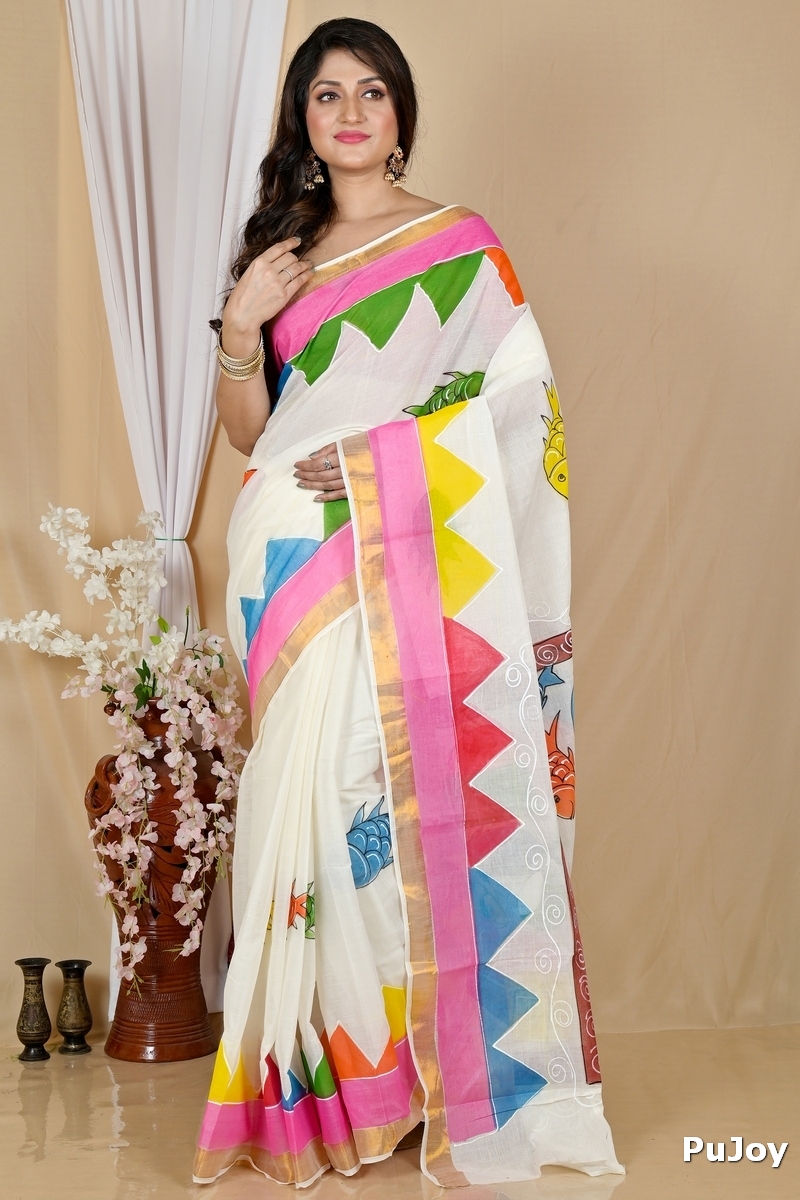 Multi-Coloured Pure Cotton Hataka Hand Painted Saree (9054)