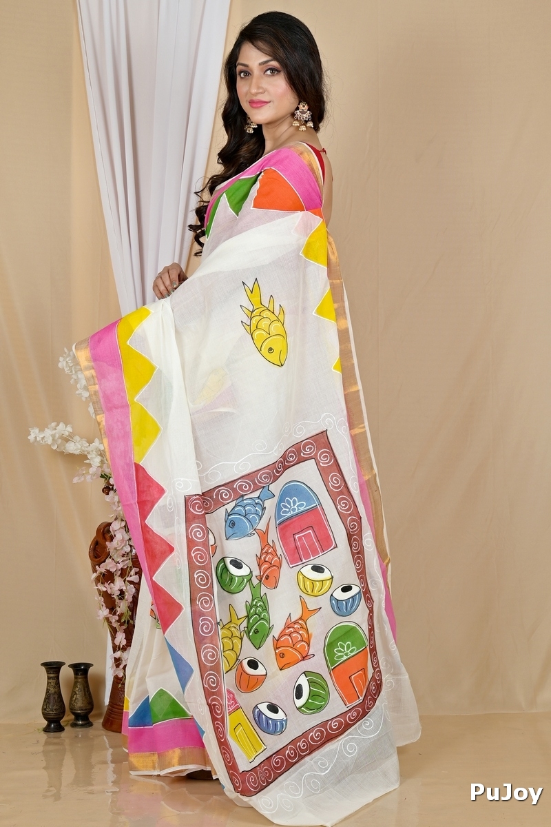Multi-Coloured Pure Cotton Hataka Hand Painted Saree (9054)