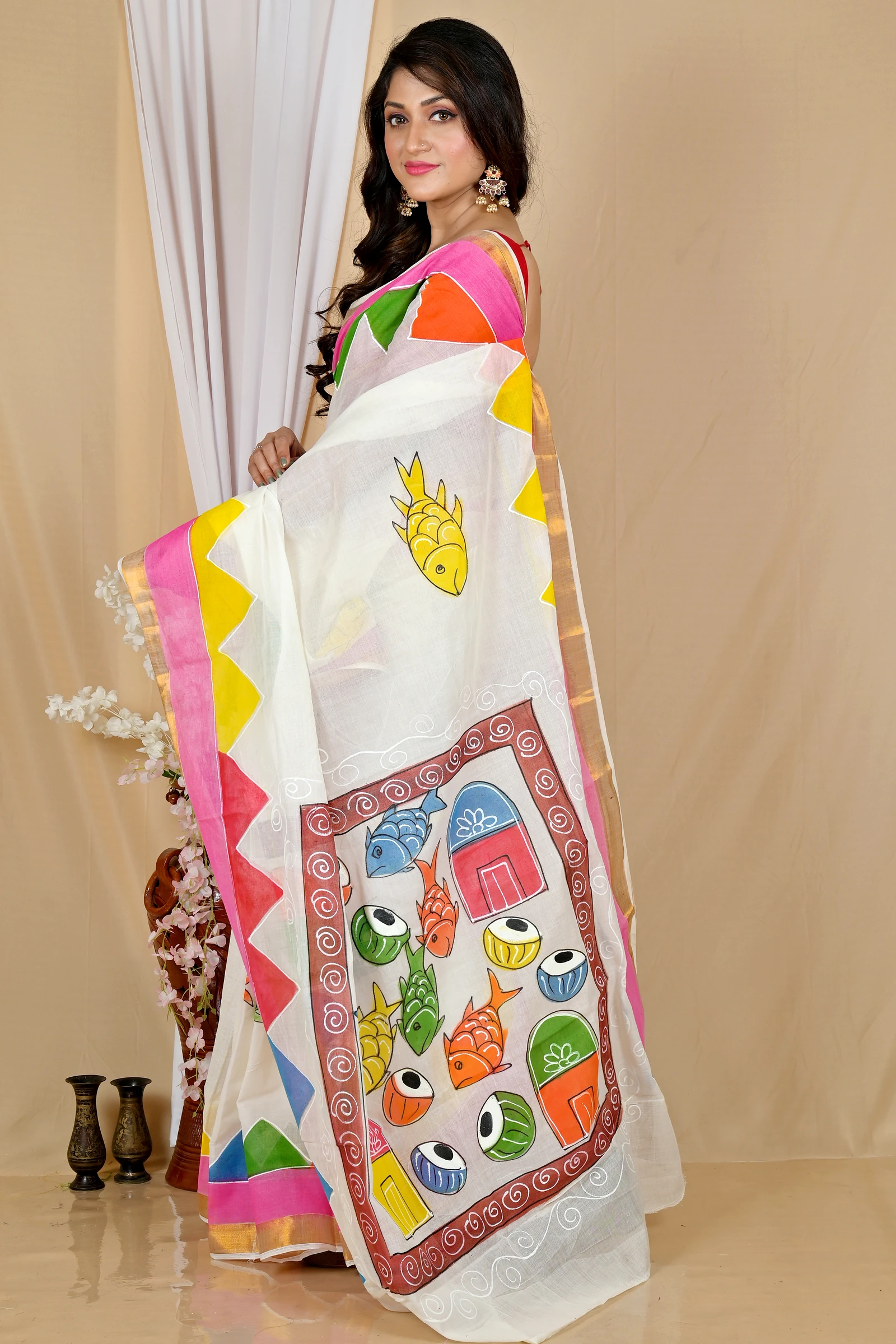 Multi-Coloured Pure Cotton Hataka Hand Painted Saree (9054)