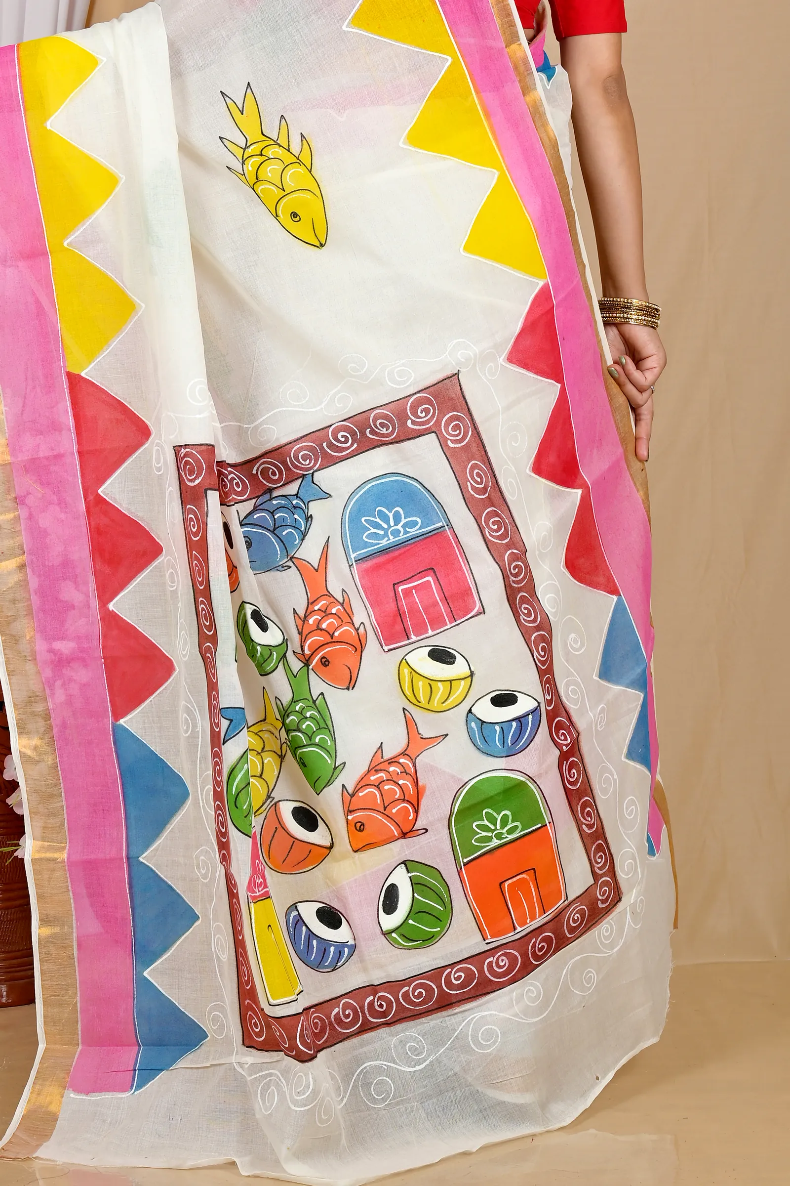 Multi-Coloured Pure Cotton Hataka Hand Painted Saree (9054)
