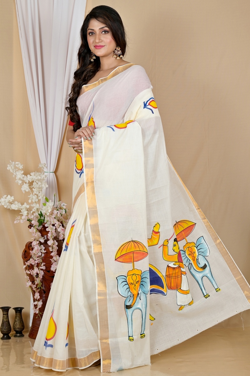 Multi-Coloured Pure Cotton Hataka Hand Painted Saree (9055)