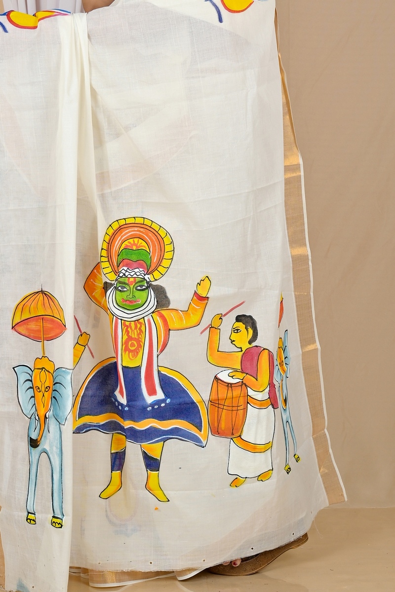 Multi-Coloured Pure Cotton Hataka Hand Painted Saree (9055)