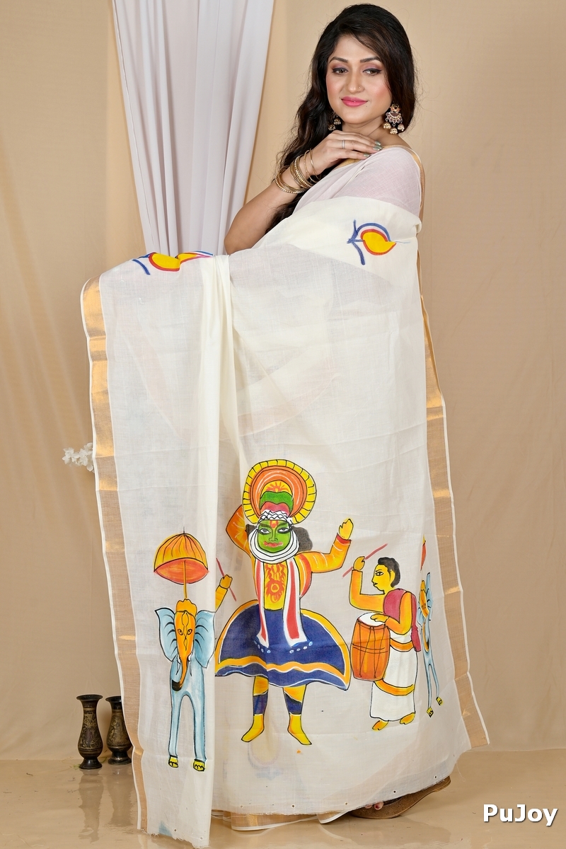 Multi-Coloured Pure Cotton Hataka Hand Painted Saree (9055)