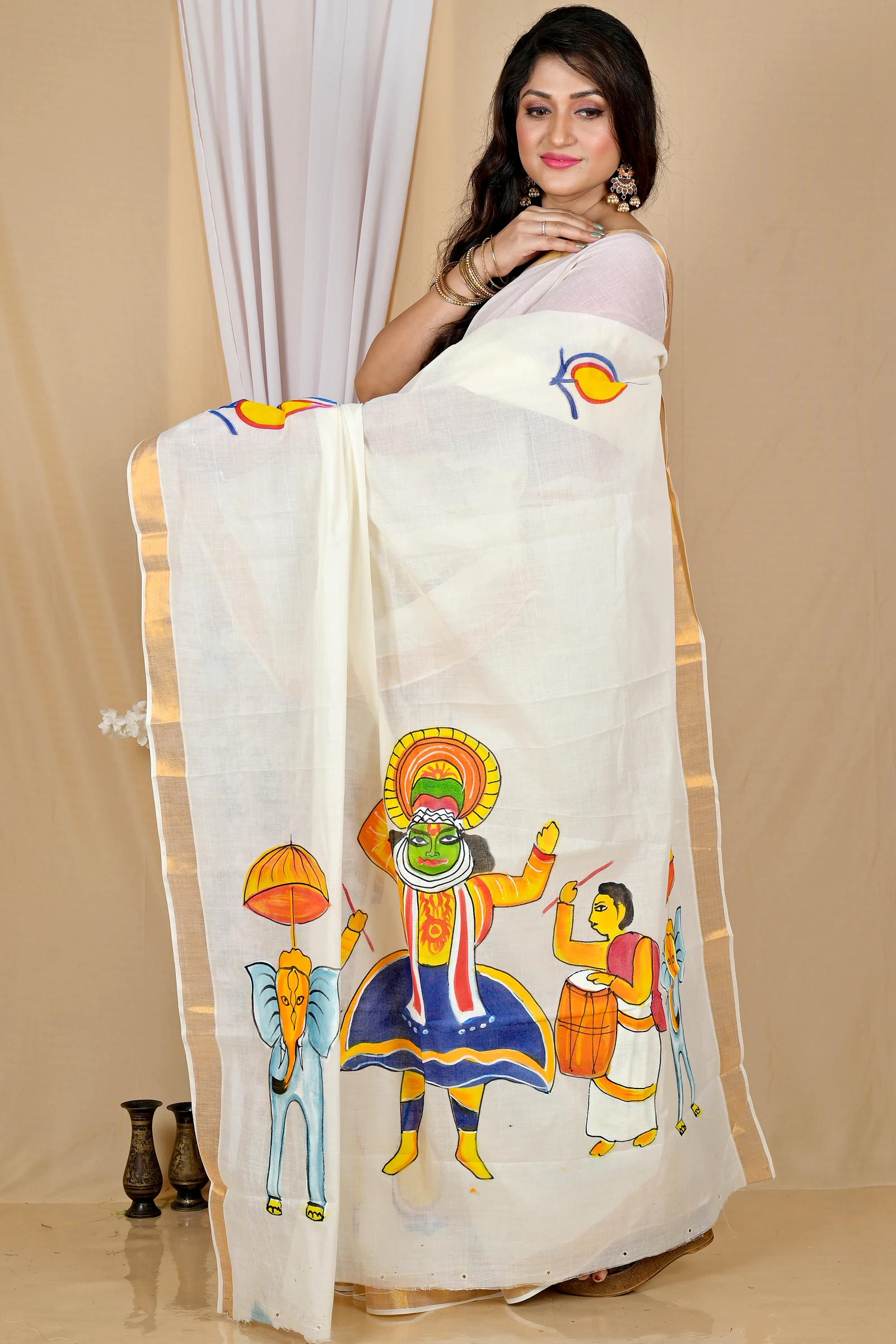 Multi-Coloured Pure Cotton Hataka Hand Painted Saree (9055)