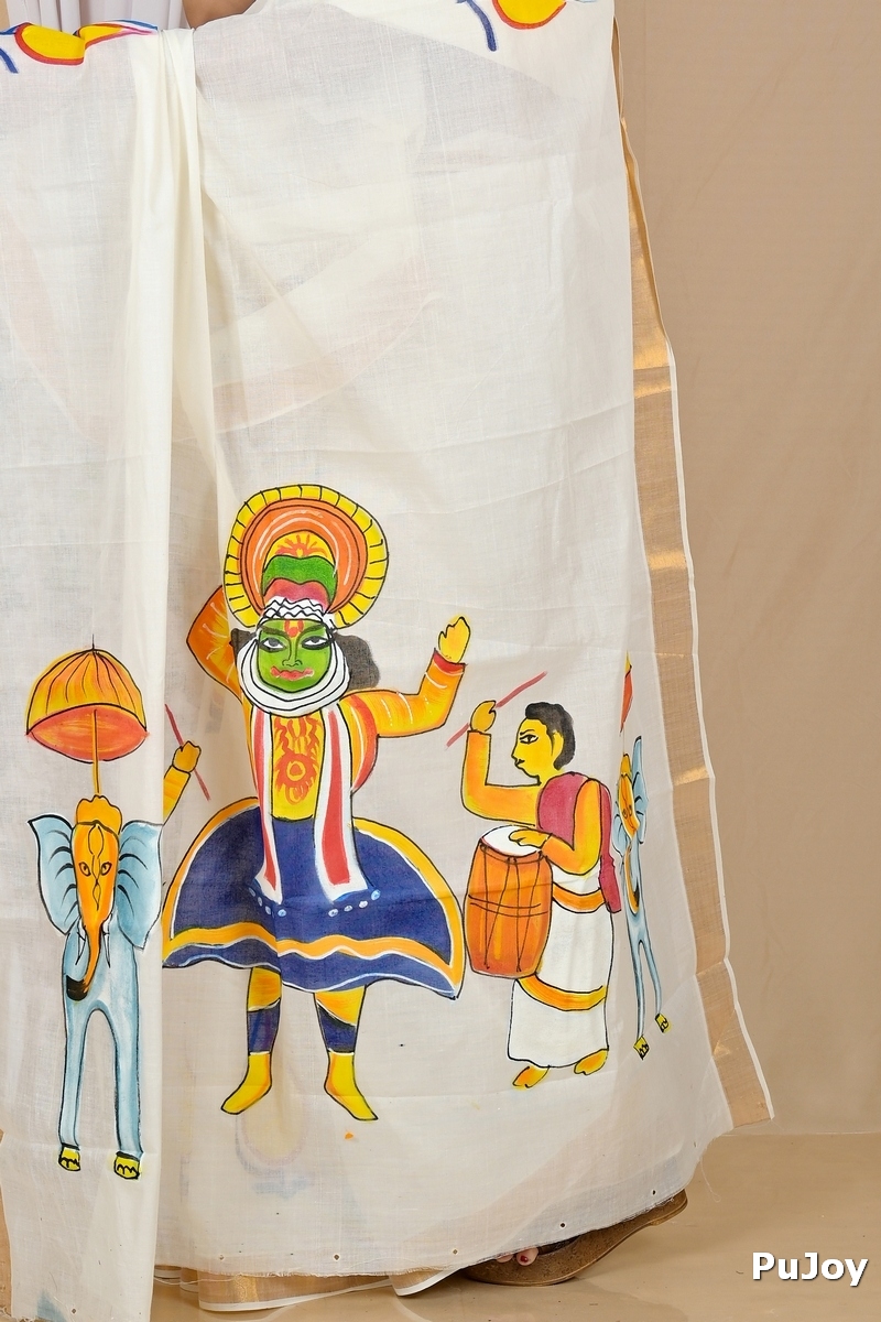 Multi-Coloured Pure Cotton Hataka Hand Painted Saree (9055)