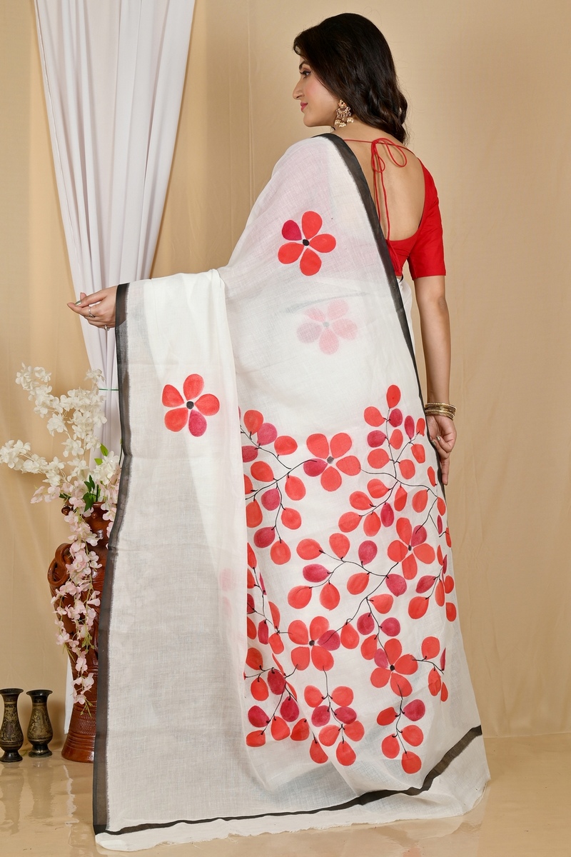 Multi-Coloured Pure Cotton Hataka Hand Painted Saree (9056)