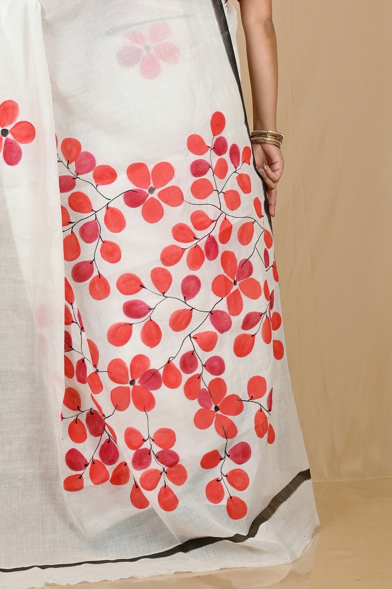 Multi-Coloured Pure Cotton Hataka Hand Painted Saree (9056)