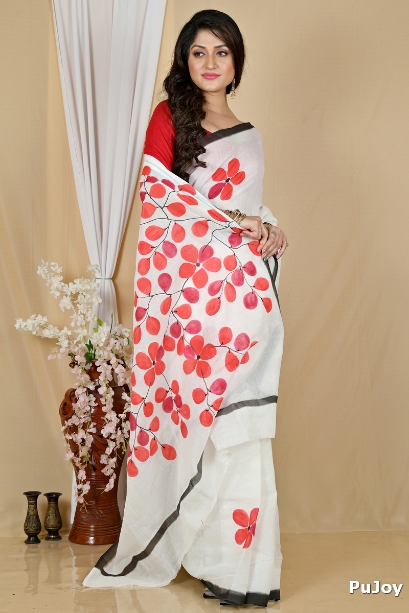 Multi-Coloured Pure Cotton Hataka Hand Painted Saree (9056)