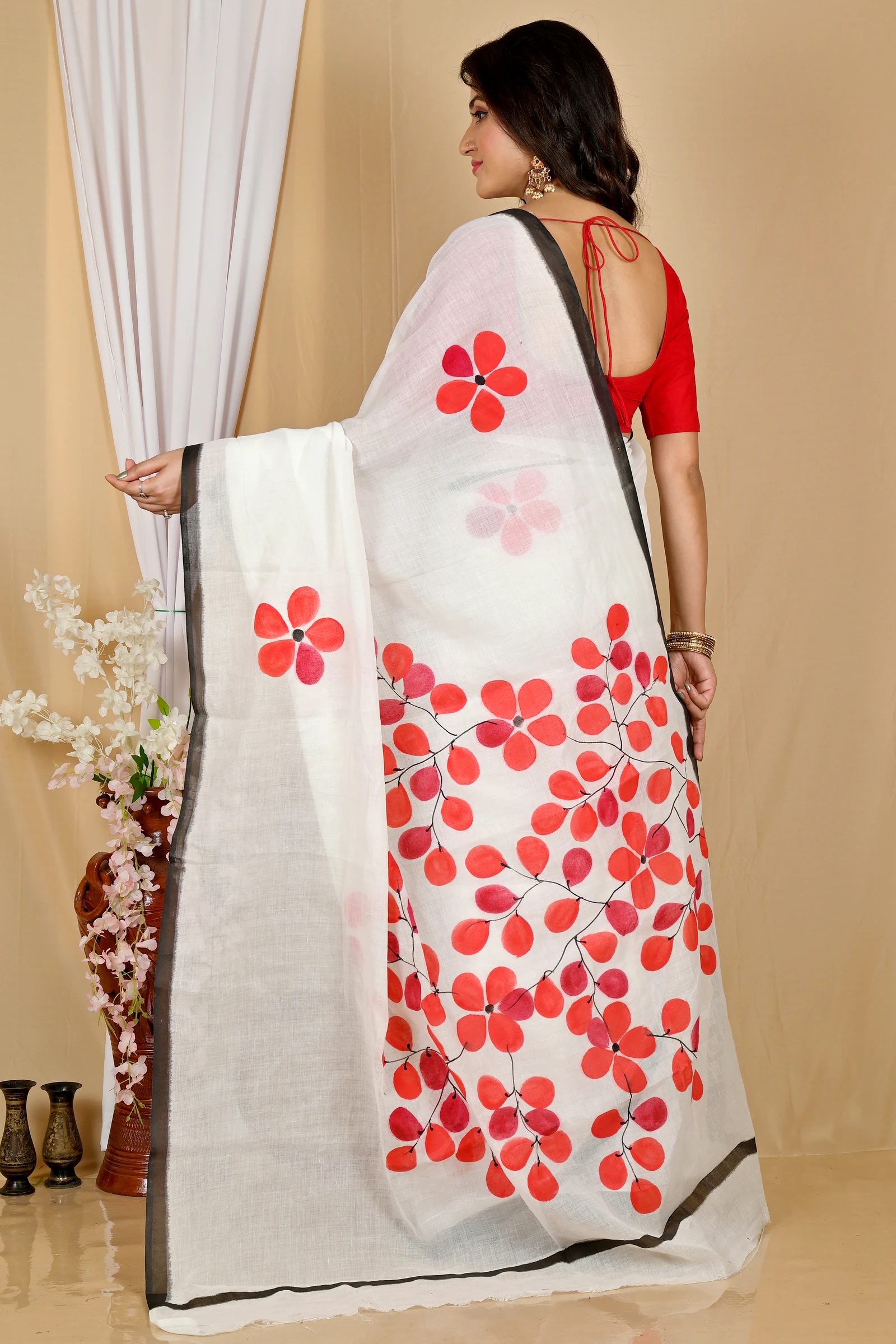 Multi-Coloured Pure Cotton Hataka Hand Painted Saree (9056)