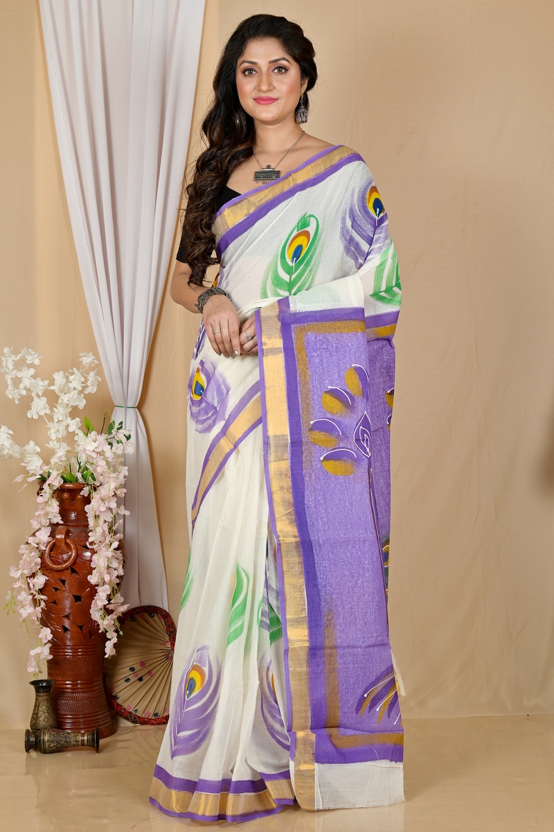 Multi-Coloured Pure Cotton Hataka Hand Painted Saree (9057)