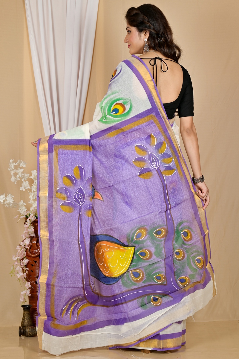 Multi-Coloured Pure Cotton Hataka Hand Painted Saree (9057)