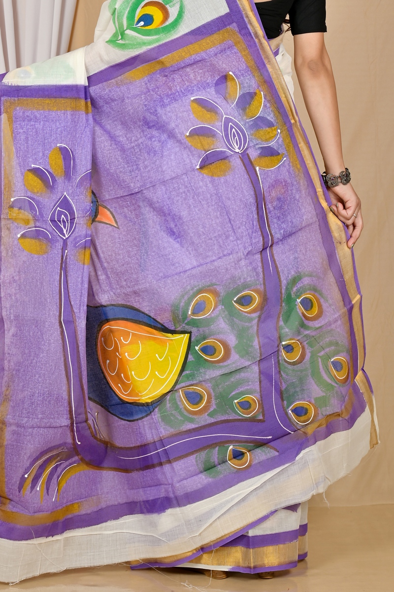 Multi-Coloured Pure Cotton Hataka Hand Painted Saree (9057)