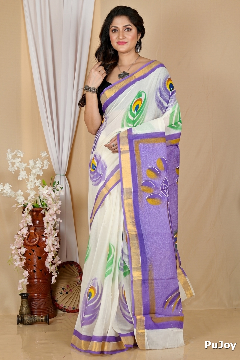Multi-Coloured Pure Cotton Hataka Hand Painted Saree (9057)