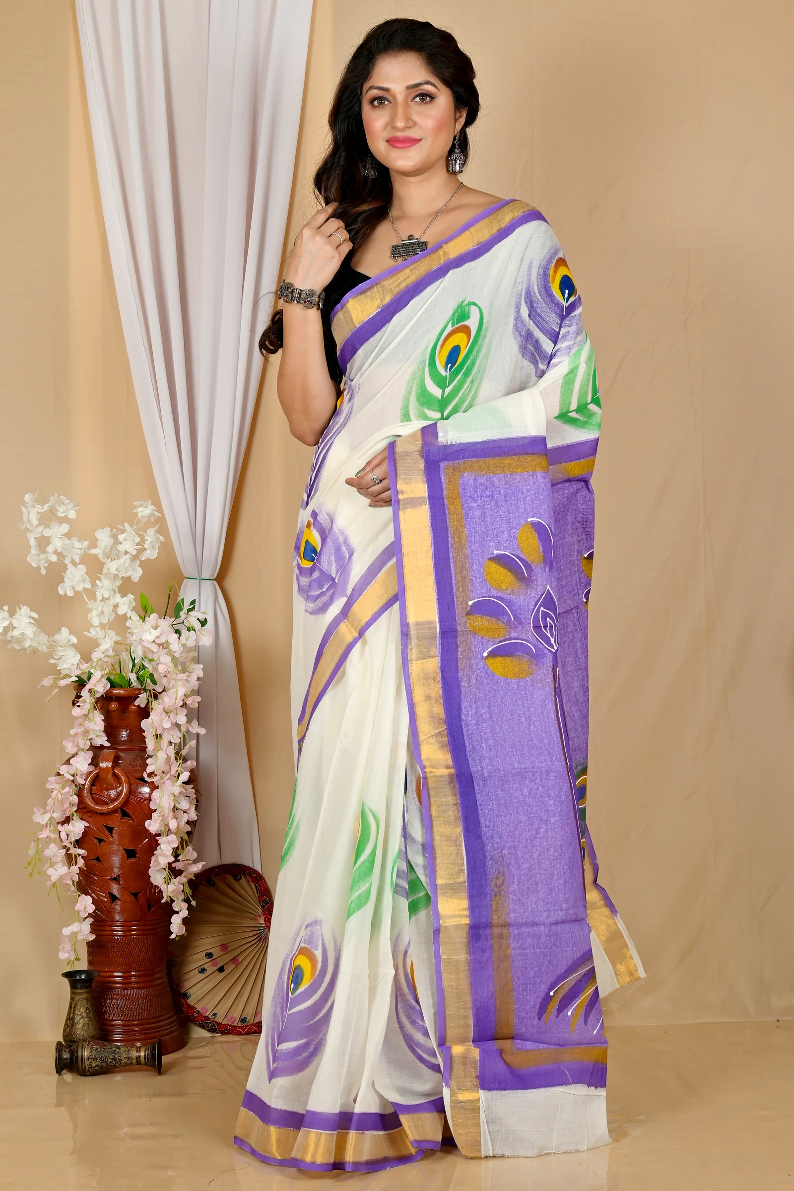 Multi-Coloured Pure Cotton Hataka Hand Painted Saree (9057)