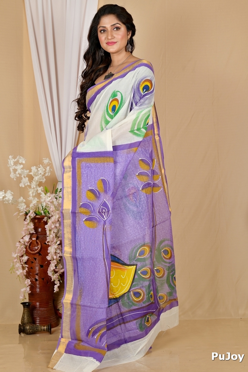 Multi-Coloured Pure Cotton Hataka Hand Painted Saree (9057)