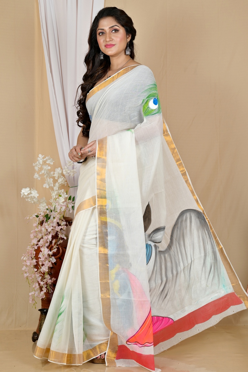 Multi-Coloured Pure Cotton Hataka Hand Painted Saree (9058)