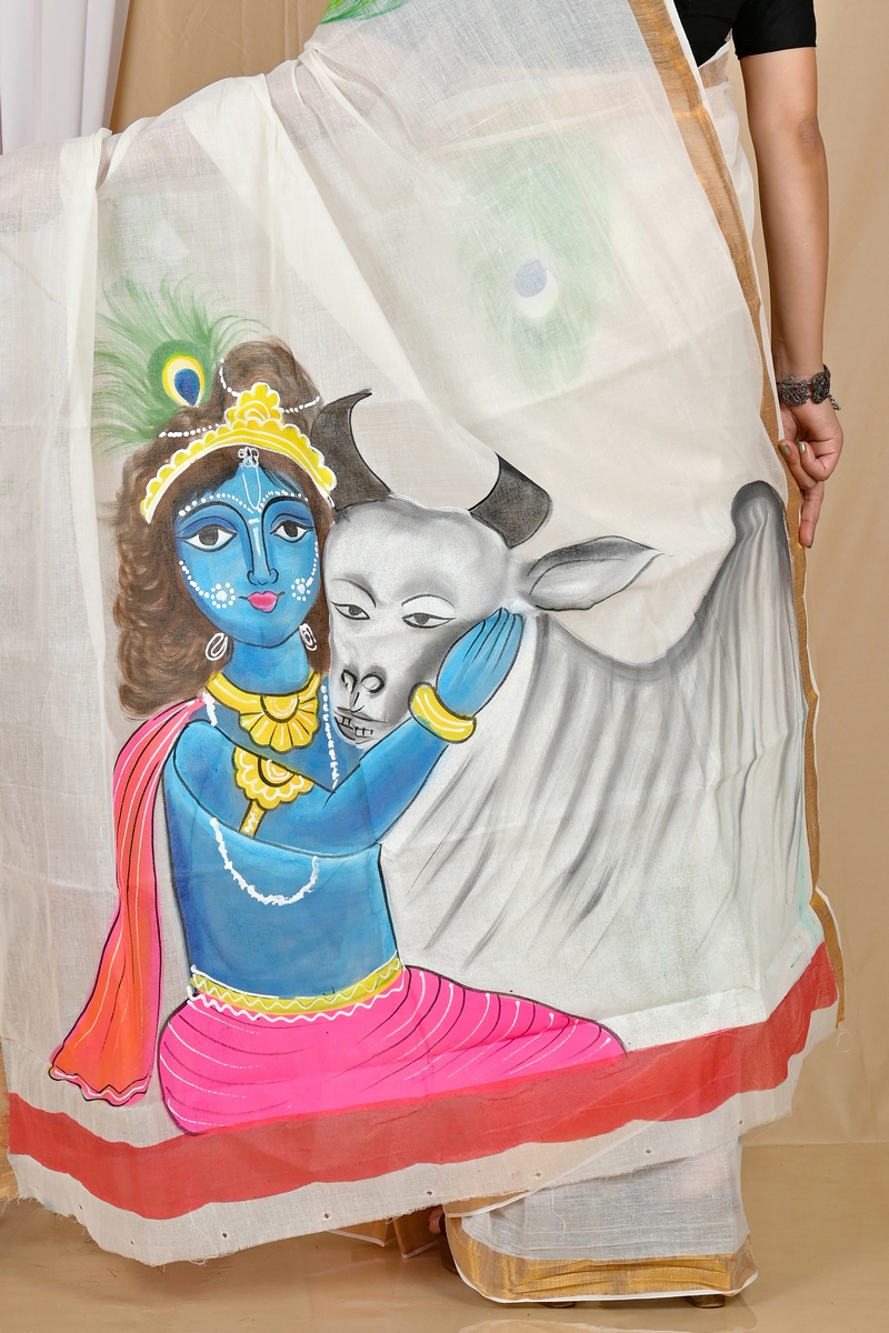 Multi-Coloured Pure Cotton Hataka Hand Painted Saree (9058)
