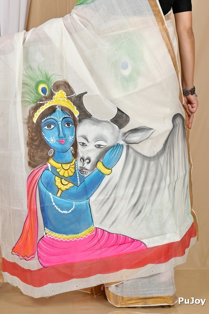 Multi-Coloured Pure Cotton Hataka Hand Painted Saree (9058)