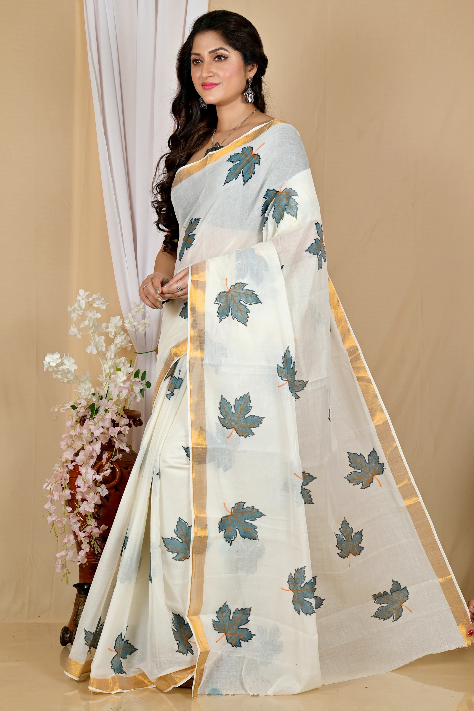 Multi-Coloured Pure Cotton Hataka Hand Painted Saree (9059)
