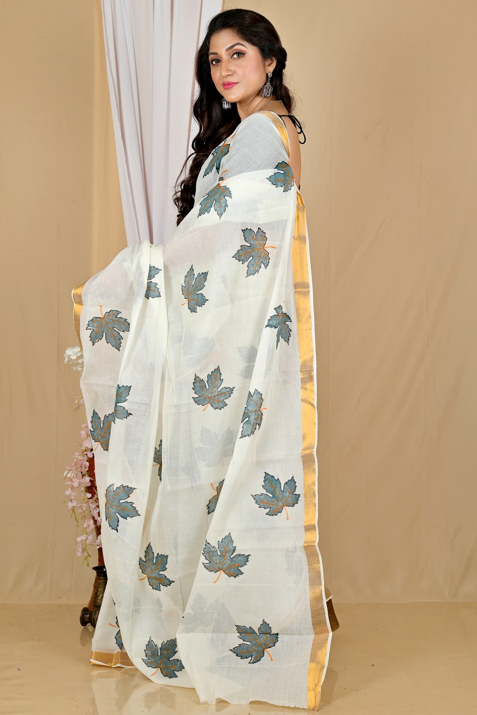 Multi-Coloured Pure Cotton Hataka Hand Painted Saree (9059)