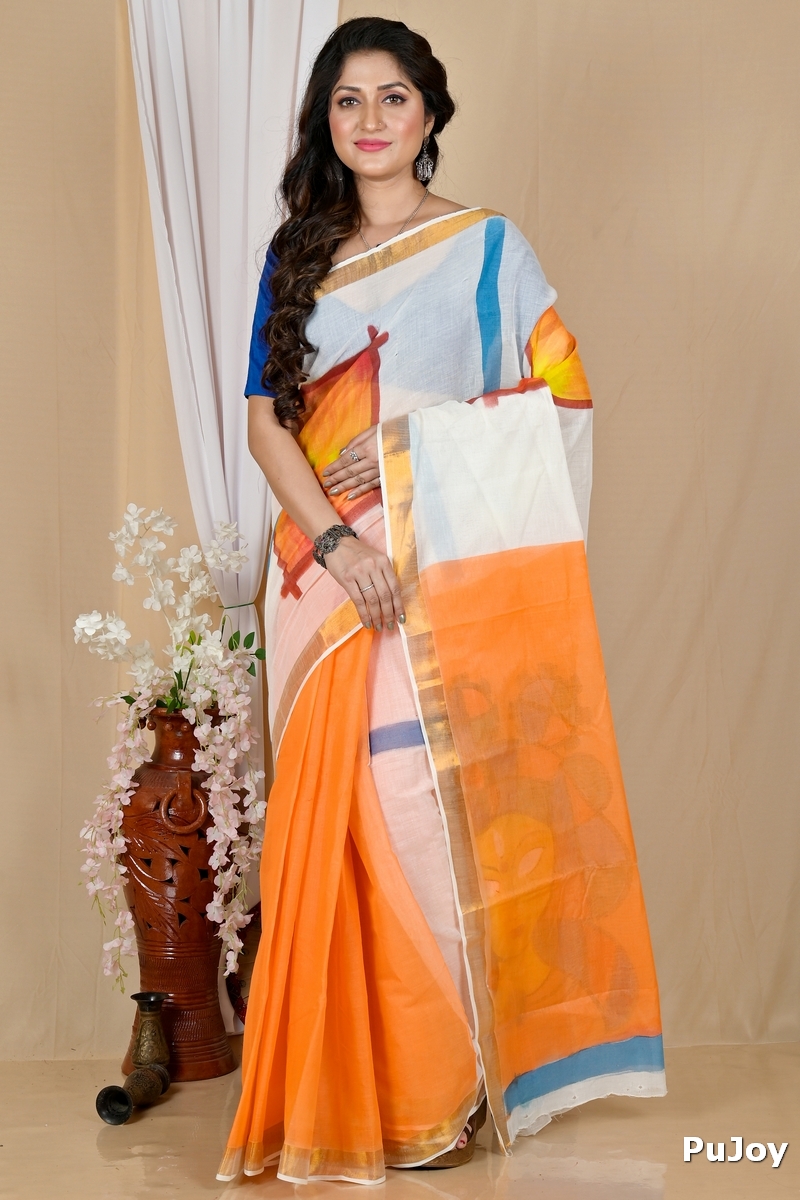 Multi-Coloured Pure Cotton Hataka Hand Painted Saree (9060)