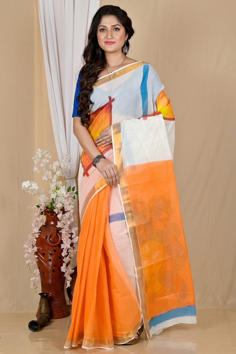 Multi-Coloured Pure Cotton Hataka Hand Painted Saree (9060)