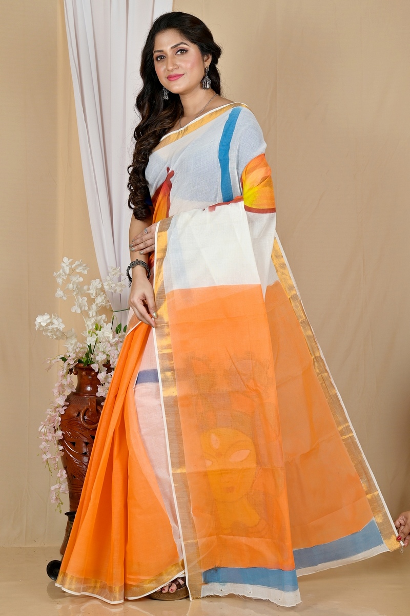 Multi-Coloured Pure Cotton Hataka Hand Painted Saree (9060)