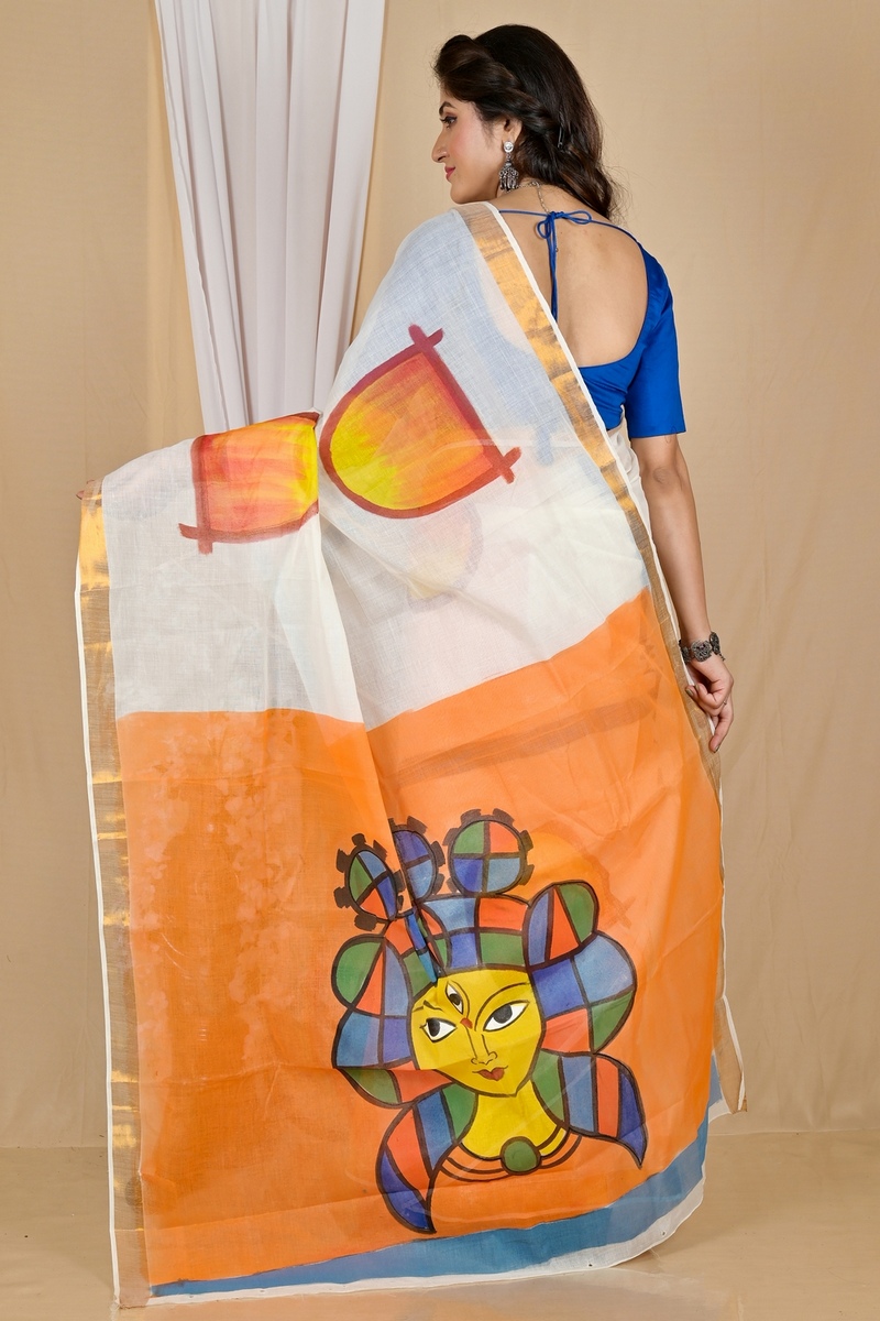 Multi-Coloured Pure Cotton Hataka Hand Painted Saree (9060)