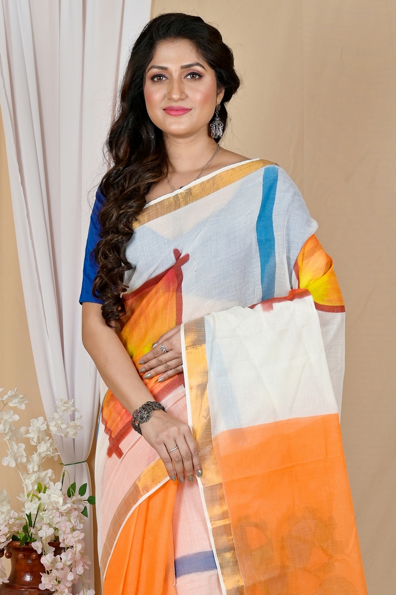 Multi-Coloured Pure Cotton Hataka Hand Painted Saree (9060)